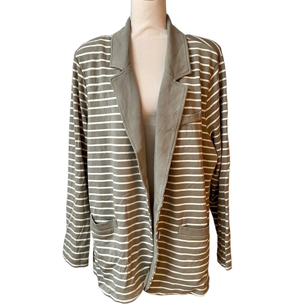 Tart Olive & White Striped Open-Front Blazer